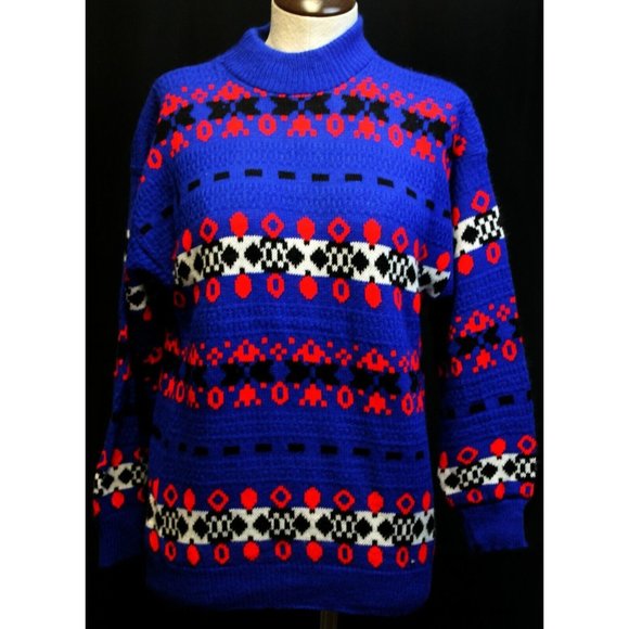 Vtg 80s Jamenits Blue Women Sweater sz Med Pullover Red Black White Pattern Crew - Picture 1 of 5